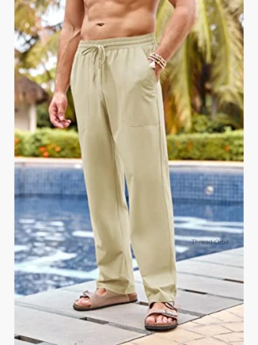 Men's Cotton Linen Pants Elastic Waist Drawstring Casual Trousers Straight Leg